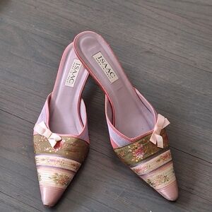 Issac Italian kitten heel mules gently worn satin embroidery pink,green 8 M